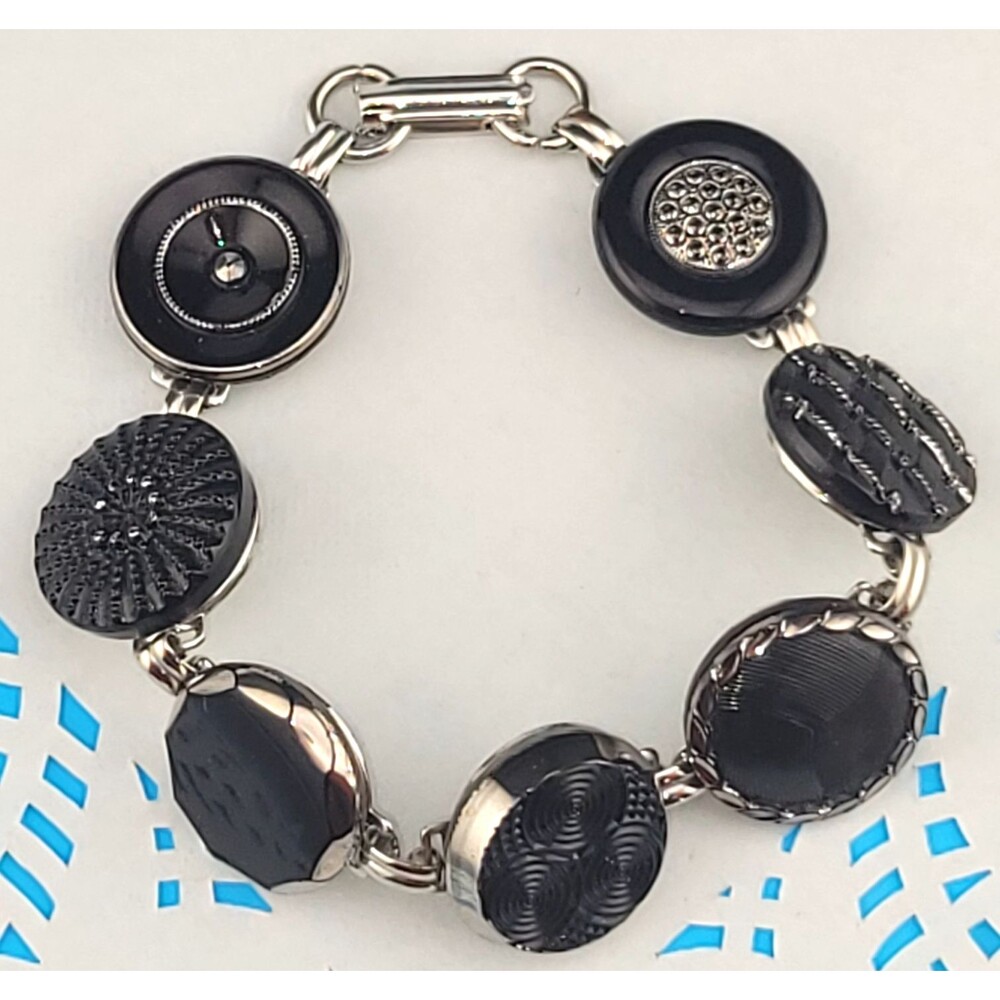 Antique Textured Black Glass Button Bracelet 7" Silver Tone